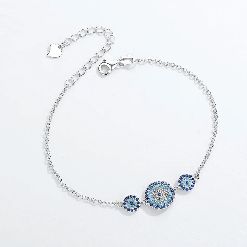 KALETINE Women Evil Eye Bracelet Genuine 925 Sterling Silver Men Jewelry Luxury Round Blue Eyes CZ Three Stones Tennis Bracelet