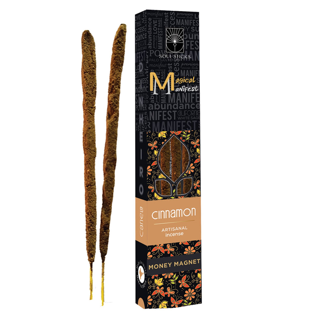 Two incense sticks beside a box labeled Love Rose & Olibanum Magical Manifest Incense Sticks.