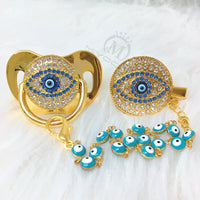 MIYOCAR green Bling evil eye pacifier and clip set pacifier chain holder bling lovely evil eye pacifier AEYE-G