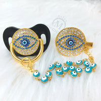 MIYOCAR green Bling evil eye pacifier and clip set pacifier chain holder bling lovely evil eye pacifier AEYE-G
