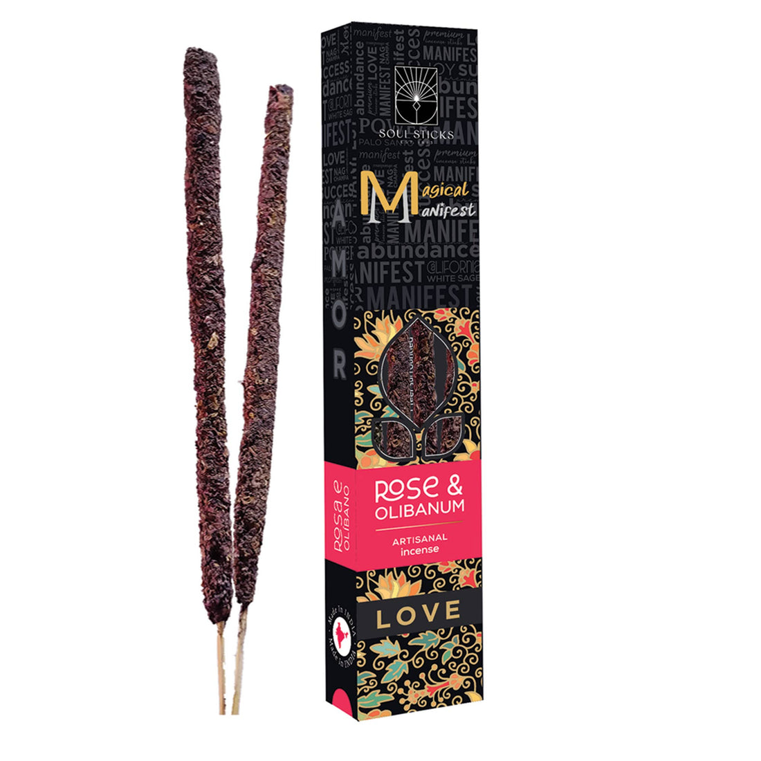 Two incense sticks, black pepper and cinnamon, from the Love Rose & Olibanum Magical Manifest collection.