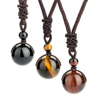 Men Necklace Handmade Weave Tiger Eye Stone Round Bead Natural Crystal Stone Pendant Necklace