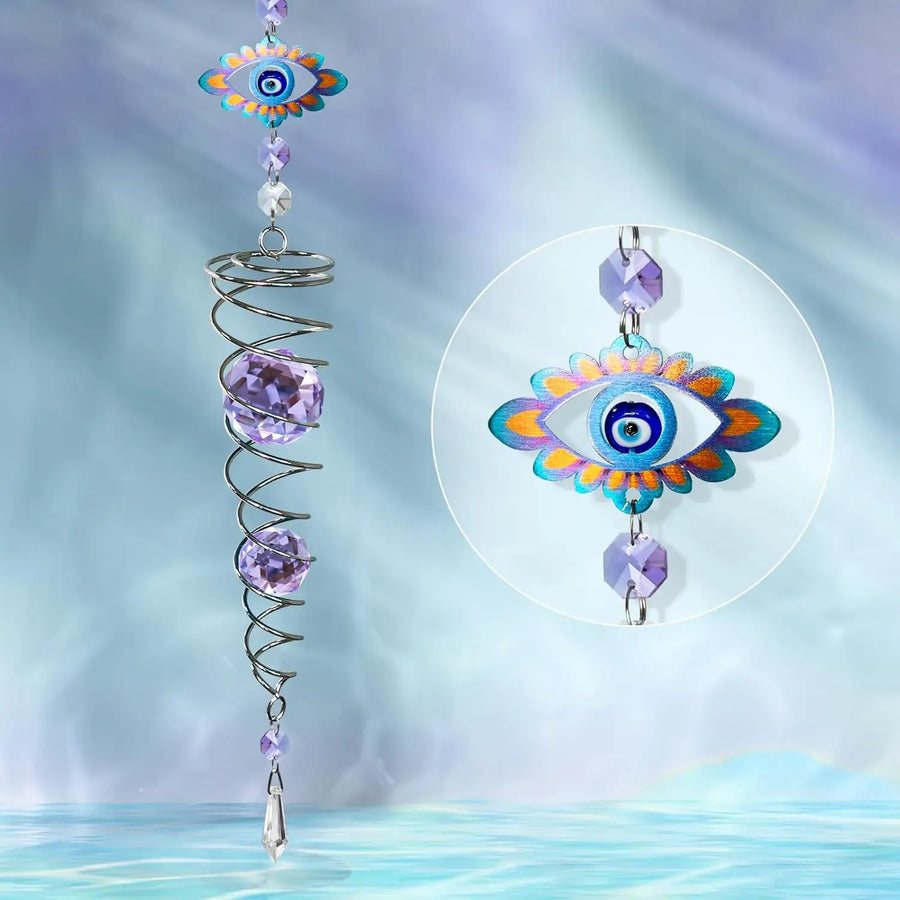 THEYUFA Evil Eye Gazing Ball Spiral Tail Wind Spinner Sun Catcher RainbowW/K9 CrystalTree Ornament Hanging Garden Decor 19.5in