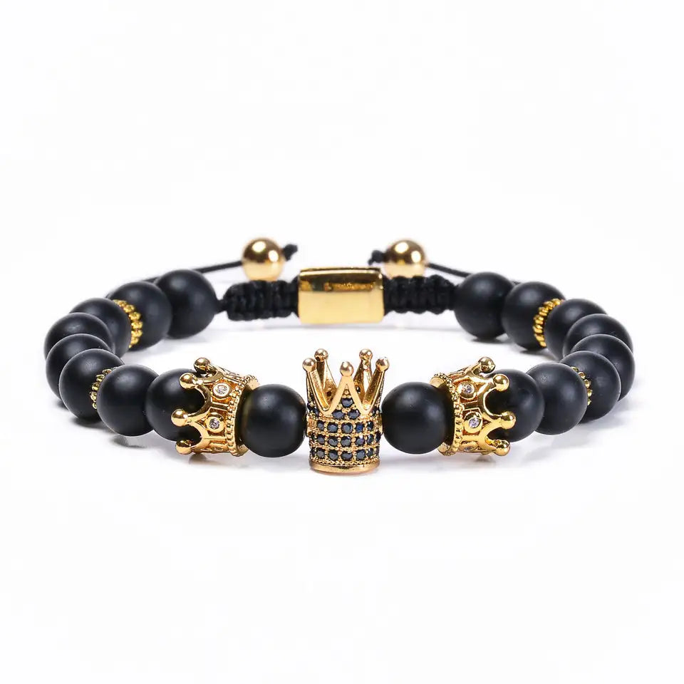 Black Stone Onyx Adjustable CZ Imperial Crown Bracelet