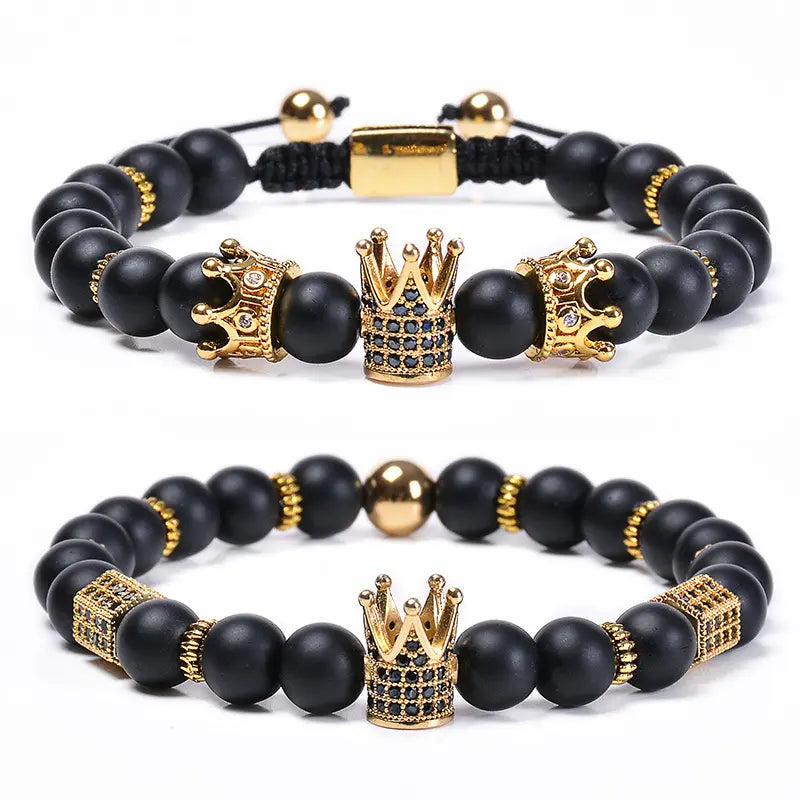 Black Stone Onyx Adjustable CZ Imperial Crown Bracelet